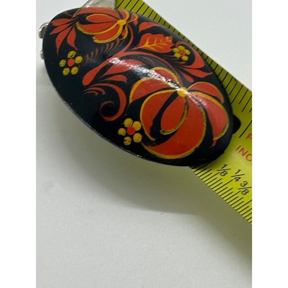 Hand-Painted Vintage Oval Floral Brooch Red Yellow Flower Design Black Lacquered - Picture 10 of 11